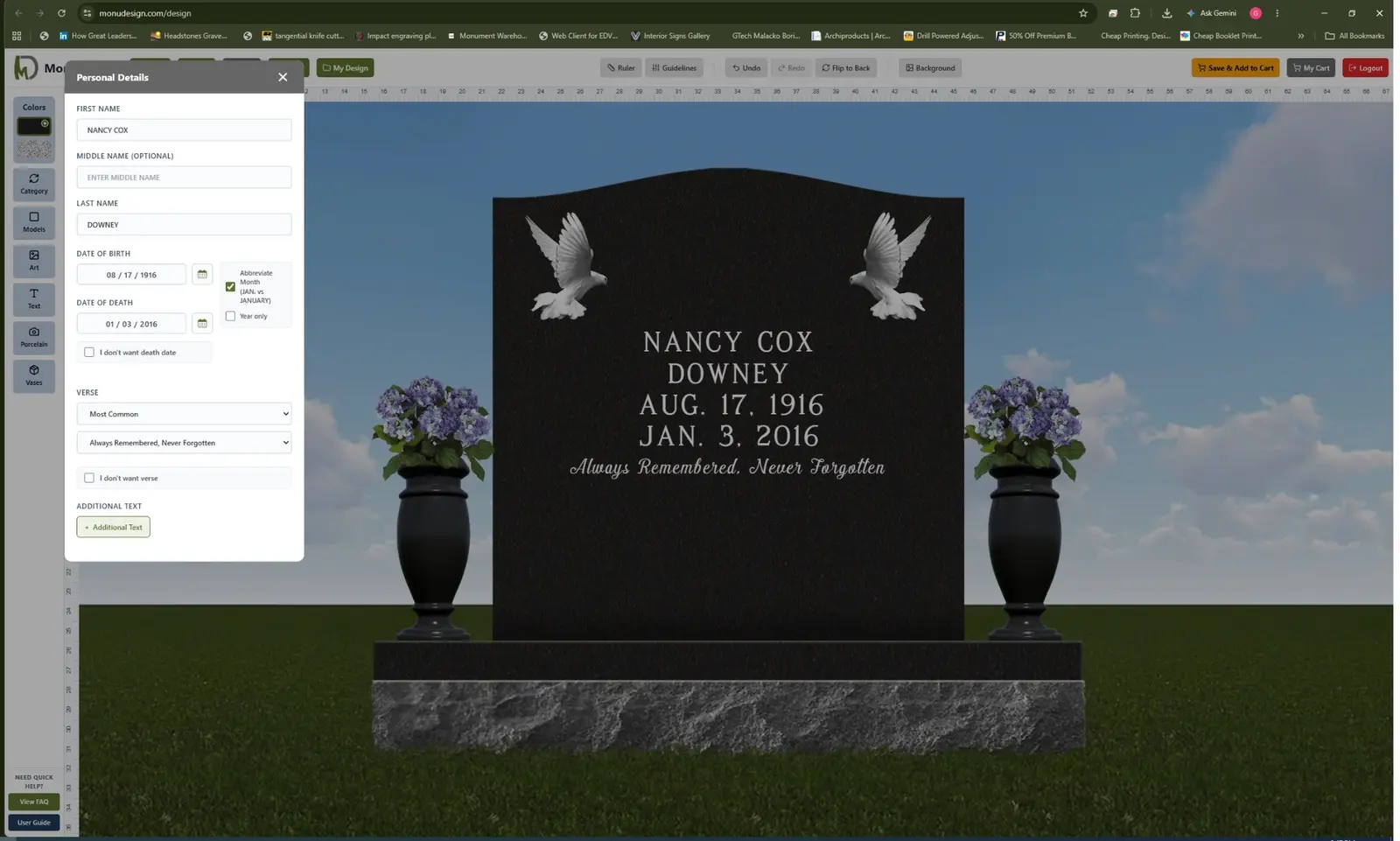 Monu Design personal details and memorial customization interface